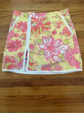 VTG Lilly Pulitzer Floral Skort Pink Yellow Slit Hibiscus Flower 12 Skirt Short